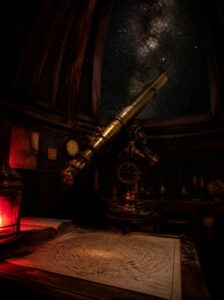 Milky Way through a dome observatory with an antique brass telescope and starchart