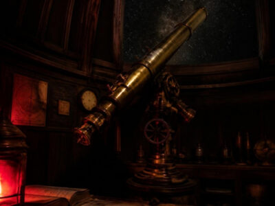 Milky Way through a dome observatory with an antique brass telescope and starchart